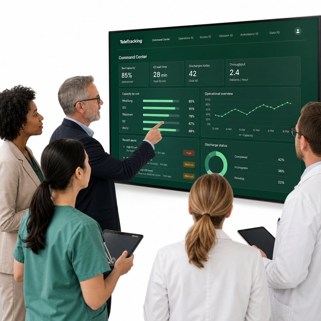 Healthcare operations team collaborating around a command-center screen